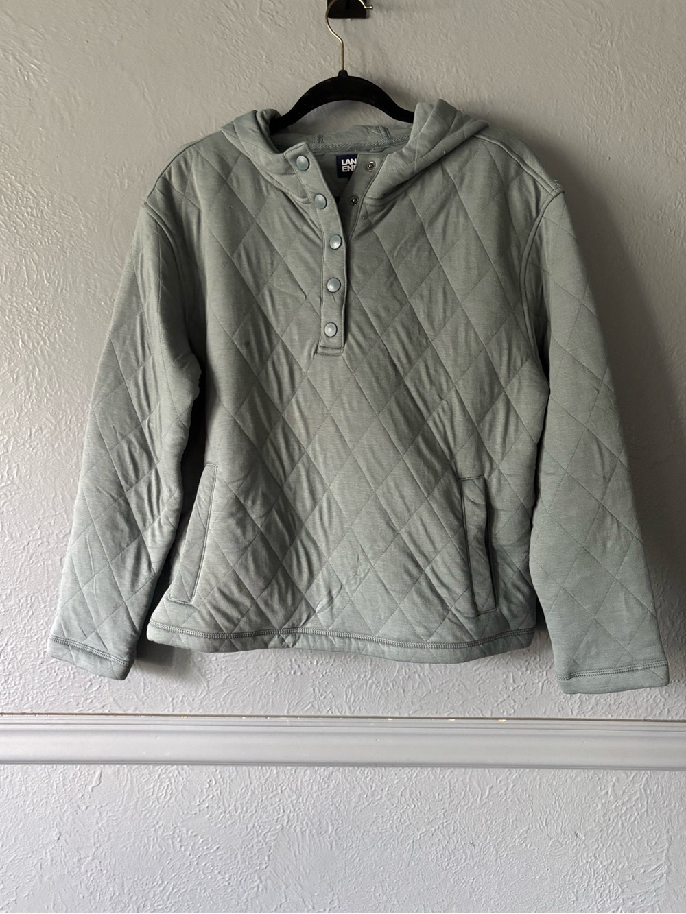 Lands’ End Kids Quilted Snap Henley Hoodie Sweatshirt Jacket Green M 10-12